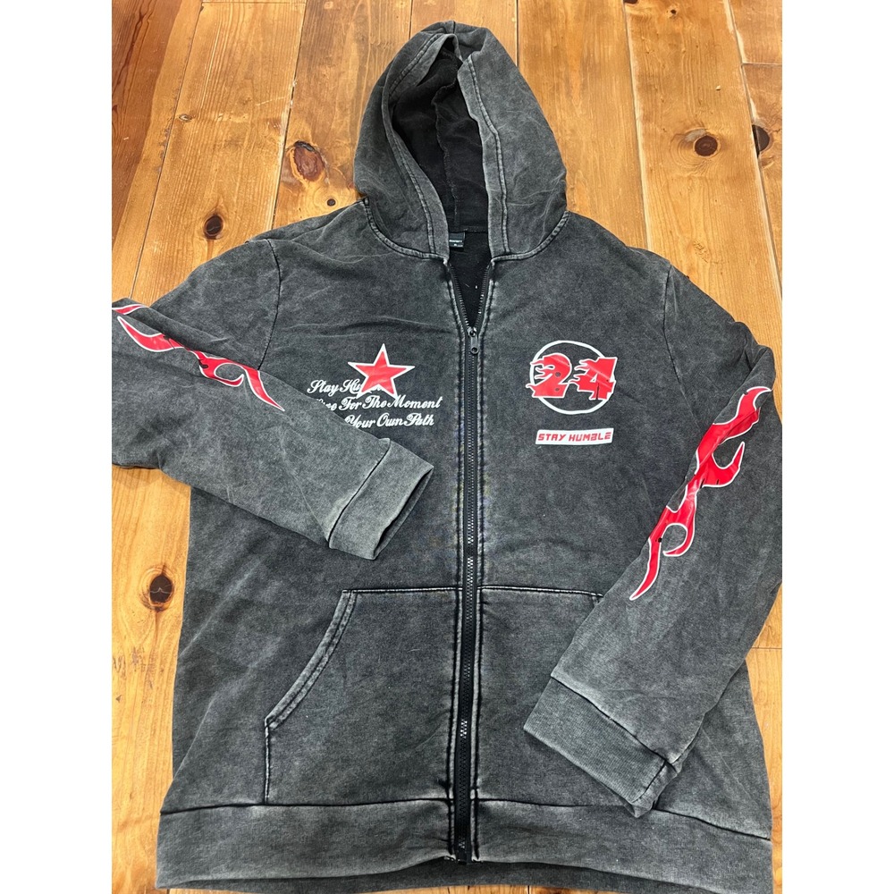 Manfinity Emo Mens XL Mineral Wash Zip Hoodie Gray Red Flame Graphic 24 Star